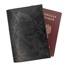 Обложка для паспорта, натур. кожа, сплошное тиснение,"Орел" черный