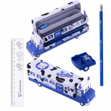 Пенал металлический 2 отделения автобус Alingar, таблица умнож, линейка 15 см, 5 ч/г карандашей, 3 точилки 50 х 190 мм, "Milk bus", синий