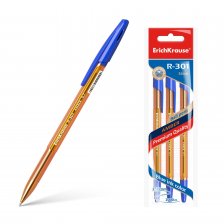Ручка шариковая ErichKrause R-301" Stick Amber" 0.7мм, синий, пласт.полупрозрачный шестигранный корпус, грип профил., 3 шт. в упаковке