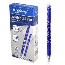 Ручка гелевая пиши-стирай Yalong ,0,5 мм, синяя, игольчатый наконечник, резиновый грип, круглый цветной пластиковый корпус 12 шт в уп