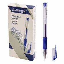 Ручка гелевая Alingar, 0,5 мм, синяя, металлизированный наконечник, резиновый грип, круглый, прозрачный, пластиковый корпус,12 шт., карт. уп.