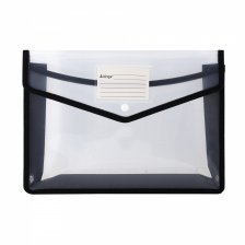 Папка-конверт на кнопке Alingar, A4, 250х330х75 мм, 450 мкм, горизонтальная, карман для визитки, черный цвет, прозрачная