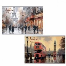 Альбом для рисования  28,5 *19,0 см., 40л., Alingar, на скрепке, мелованный картон (стандарт), 100 г/м2,  "Акварельный город", 2 дизайна в пленке т/у