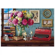 Алмазная мозаика Рыжий кот, на подрамнике, с частичным заполнением, (матов.), 40х50 см, 34 цвета, "Натюрморт с цветами и печатной машинкой"