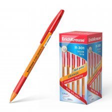 Ручка шариковая Erich Krause "R-301. Orange Stick&Grip", 0,7 мм, красная, резиновый грип, шестигранный, оранжевый пластиковый корпус