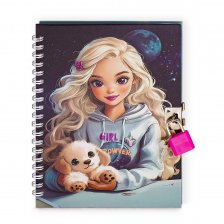 Подарочный блокнот Alingar, 12,8*17,8 см.,"Девушка и щенок", 45 л., клетка,спираль, замочек