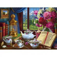 Алмазная мозаика Рыжий кот, без подрамника, с полным заполнением, (матов.), 30х40 см, 35 цветов, "Натюрморт с цветами и чайным сервизом"