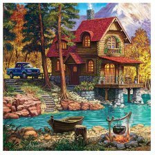 Алмазная мозаика Рыжий кот, на подрамнике, с полным заполнением, (класс.), 20х20 см, 27 цветов, "Лесной дом у озера"