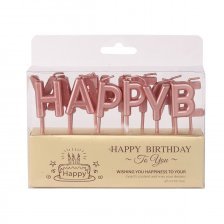 Набор свечей для торта Alingar, 2,5 см, на пиках, "Happy birthday", цвет розовый металлик, блистер с европодвесом