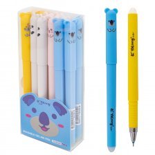 Ручка гелевая пиши-стирай Yalong Зверушки-колпачки 0,5 мм, синяя, игольчатый наконечник, soft корпус 12 шт,