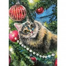 Алмазная мозаика Рыжий кот, c подрамником, с полным заполнением, (блест.,), 22х32 см, 21 цвет, "Улыбающийся котик у елки"
