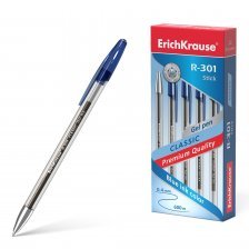 Ручка гелевая Erich Krause "R-301 Classic Gel Stick", 0,5 мм, синяя, профилиров. грип, прозрачный круглый корпус, картонная упаковка, 12шт