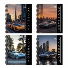 Тетрадь А5 48л., клетка, Alingar, гребень, блок офсет, мелованный картон (стандарт), "Авто в мегаполисе", 4 дизайна в пленке т/у