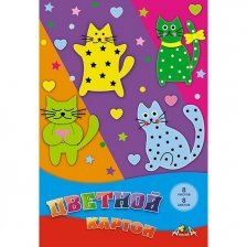 Картон цветной Апплика, А4, 8 листов, 8 цветов, немелованный, картонная папка, "Цветные кошки"