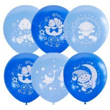 Воздушные шары М12"/30 см Пастель+Декоратор (шелк) 4 ст. рис "С днем рожд. малыш" 25 шт. голубое