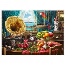 Алмазная мозаика Рыжий кот, с подр., с полным заполнением, (матов.), 30х40 см, 34 цвета, "Натюрморт с граммофоном и фруктами"
