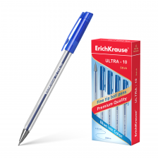 Ручка шариковая Erich Krause "Ultra L-10", 0,7 мм, синяя, игольчатый, металлизированный наконечник, грип, круглый, прозрачный, пластиковый корпус