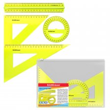 Набор чертёжный большой  ErichKrause Neon, пластик, (линейка с держателем 20см, 2 угольника, транспортир 360/12см), желтый, в zip-пакете