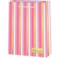 Пакет подарочный бумажный Мир открыток (М) 18*22,7 см, "Бело-розовые вертикальные линии", ламинация
