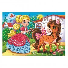 Мозаика из помпонов Рыжий кот, А4, картонная упаковка, "Принцесса с лошадкой"