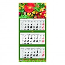 Календарь настенный квартальный трехблочный, гребень, ригель, 310 мм * 690 мм, Квадра "Цветы" 2021 г.
