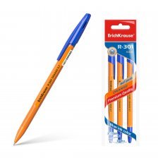 Ручка шариковая Erich Krause"R-301", 0,7 мм, синяя, шестигранный, оранжевый, пластиковый корпус, картонная упаковка, 3шт