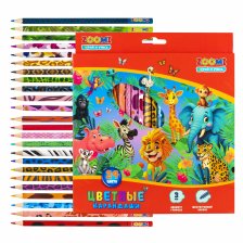 Карандаши цветные ZOOMI 24 цв., "ZOO. Джунгли" деревянные, шестигранные, заточенные, дизайн на корпусе, грифель 3.0 мм, картон. уп., европодвес