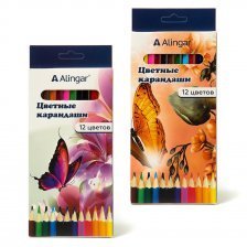 Карандаши цветные Alingar 12 цв., "Бабочки" деревянные, шестигранные, заточенные, грифель 3.0 мм, картон. уп., европод.