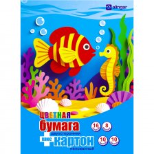Набор А4-, цв. мел. двустор. картона 10 л., 10 цв.( золото/серебро) и цв. немел двустор. бумаги 16 л., 8 цв.,  Alingar "Рыбка", на склейке