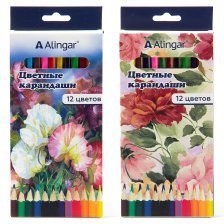 Карандаши цветные Alingar 12 цв., "Цветы" деревянные, шестигранные, заточенные, грифель 3.0 мм, картон. уп., европод.