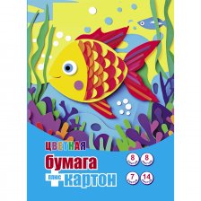 Набор А4-, цветного мелованного  двустор., картона 14 л.,7 цв., и цветной немелов., двусторонней бумаги 8 л.,8 цв., Alingar, на склейке, "Рыбка"