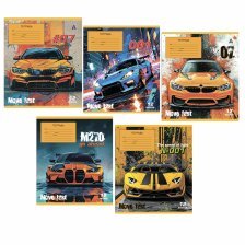 Тетрадь 12л., клетка, Alingar, скрепка, блок офсет, 100% белизна,  мелованный картон (стандарт), "Auto", 5 дизайнов в пленке т/у