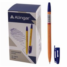 Ручка шариковая Alingar на масляной основе"Vectro-А" , 1 мм, синяя, пулевидный наконечник, шестигранный, грип, оранж. пластик. корпус, картон. упак.