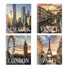 Тетрадь А5 48л., клетка, Alingar, гребень, блок офсет, мелованный картон (стандарт), "Лондон-Париж", 4 дизайна в пленке т/у