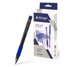 Ручка гелевая Alingar, "SOFT GEL", 0,6 мм, синяя, пулевидный наконечник, резиновый грип, круглый прозрач. пластик. корпус, 12 шт/уп, карт. уп., европ.