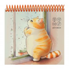 Скетчбук А6 40л., "Кот у окна", 100 г/м2, Проф-Пресс, спираль, целлюлозный картон, жёсткая подложка, белый офсет