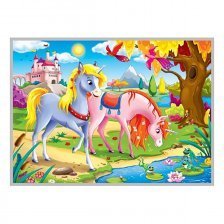 Алмазная мозаика Рыжий кот, без подрамника, на картоне, с полным заполнением, (блест.), 17х22 см, 27 цветов, "Красивые лошадки у воды"