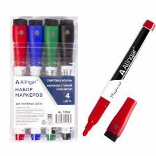 Набор маркеров для белой доски Alingar, на магните и губкой, 4 цвета (красный, синий, черный,зеленый),  пулевидный, 2 мм, европодвес