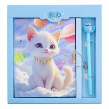 Подарочный блокнот в футляре с замком Alingar, "Кошечка"18 см * 22 см.,48 л.,клетка,синяя ручка в комплекте,голубой цвет