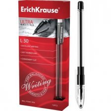 Ручка шариковая Erich Krause "Ultra L-30", 0,6 мм, черная, металлизированный наконечник, резиновый грип,  круглый, прозрачный, пластиковый корпус