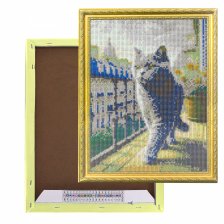 Алмазная мозаика Alingar, на подрамнике,  дизайн рамка, 30х40 см, "Серый котик на балконе"