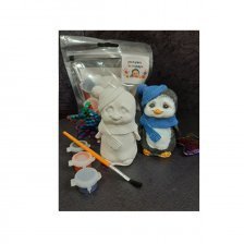 Гипсовая фигурка для раскрашивания красками, 8 см, с кистью и красками, пакет с европодвесом, "Мишутка и пингвинчик"
