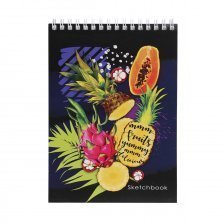 Скетчбук  А5 30л., "Тропические фрукты", 160 г/м2, Проф-Пресс, гребень, матовая ламинация. жёсткая подложка, белый офсет