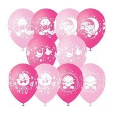 Воздушные шары М12"/30 см Пастель+Декоратор (шелк) 4 ст. рис "С днем рожд. малыш" 25 шт. розовое