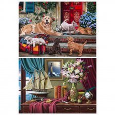 Алмазная мозаика Рыжий кот, двусторонняя (блест.), 30х40 см, "Семья ретриверов. Натюрморт с парусником"