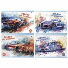 Альбом для рисования А4 12л., Alingar, на скрепке, мелованный картон (стандарт), 100 г/м2, "Авто в акварели", 4 дизайна в пленке т/у