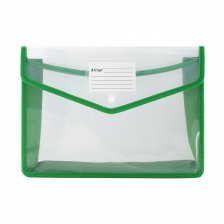 Папка-конверт на кнопке Alingar, A4, 250х330х75 мм, 450 мкм, горизонтальная, карман для визитки, зеленый цвет, прозрачная