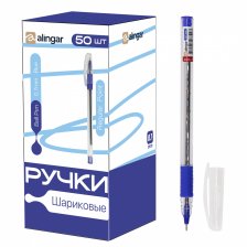 Ручка шариковая Alingar, "Regular Poit", 0,7 мм, синяя, на масляной основе, игольч. наконечник, резин. грип, круглый прозрач. пластик. корпус,50 шт/уп