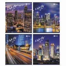 Тетрадь 36 л., А5, клетка, Alingar "Night city "(Вечерний город), скрепка, офсет 60г/м2,  мелованный картон (стандарт), 4 дизайна в пленке т/у
