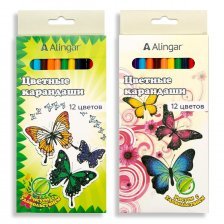 Карандаши цветные Alingar 12 цв., "Бабочки" деревянные, трехгранные, заточенные, грифель 3.0 мм, картон. уп., европод.